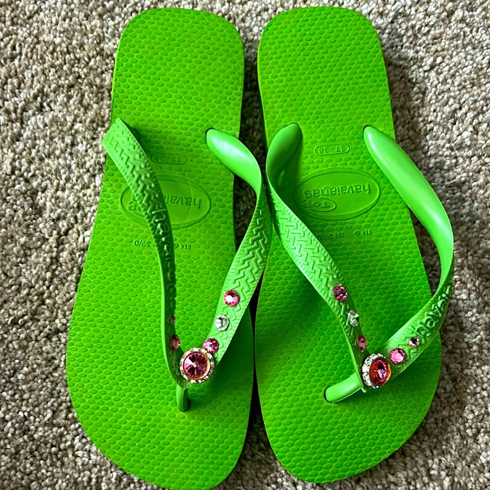 Havaianas Green Flip Flops with Pink Gem